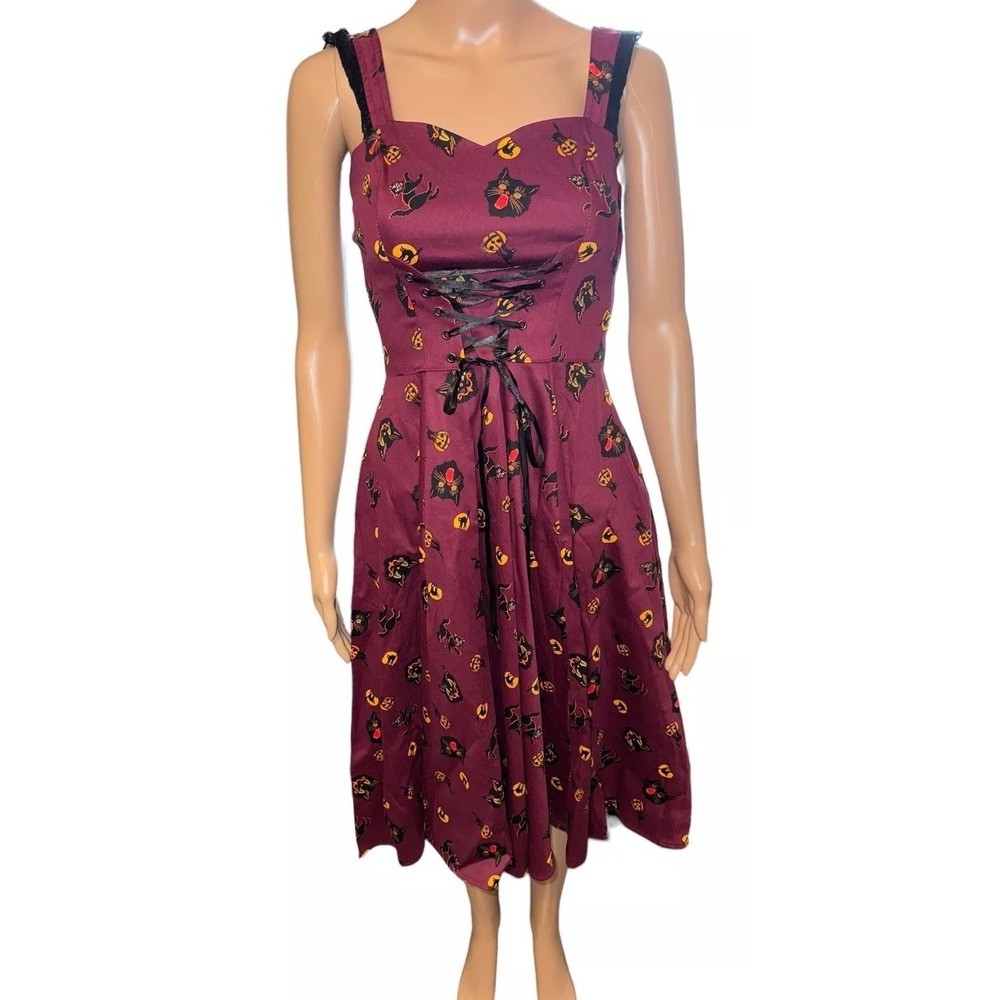 Hearts & Roses London Dress Halloween Burgundy Vintage Cat Lace Up Goth Witchy